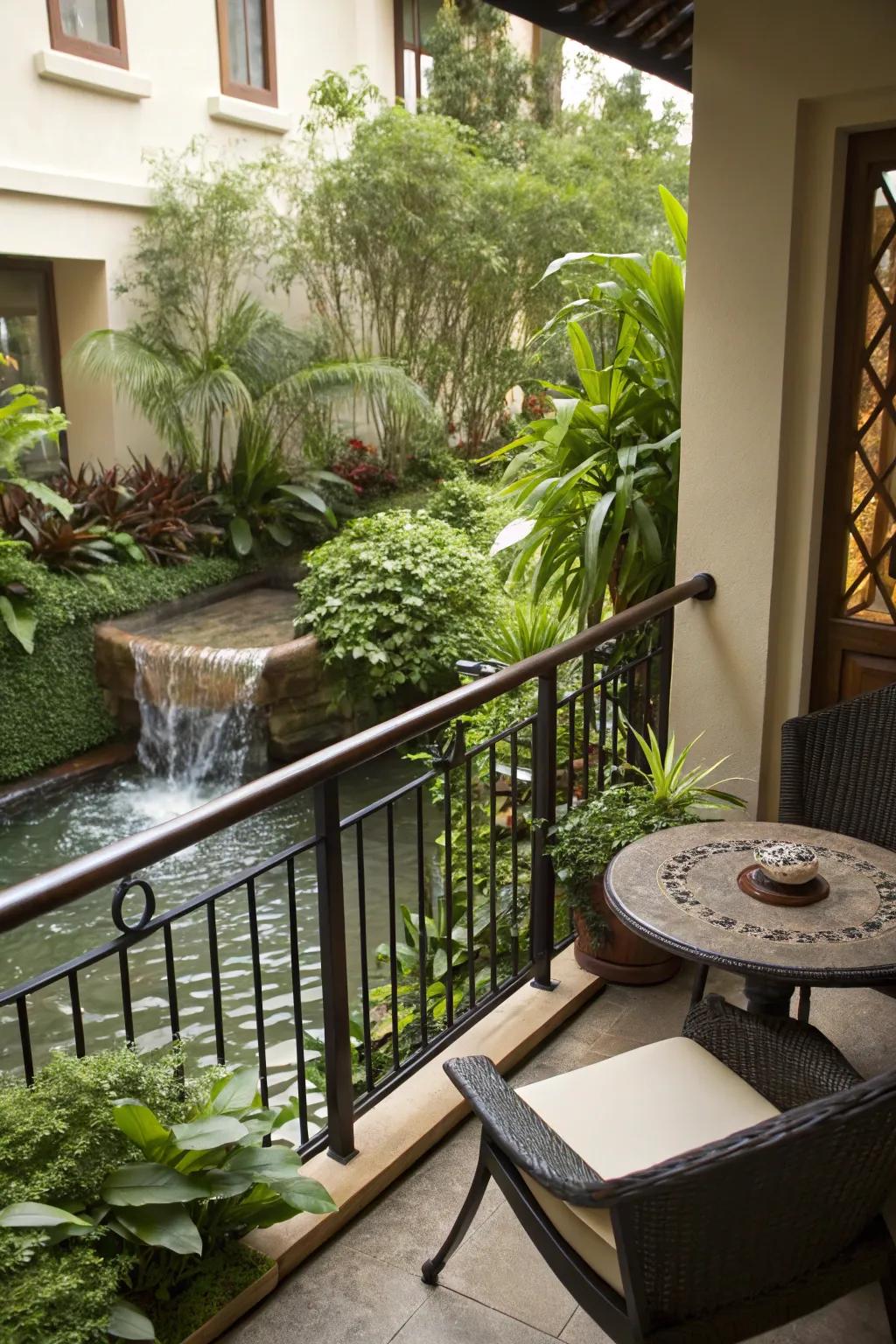A water feature introduces a calming element to your balcony.