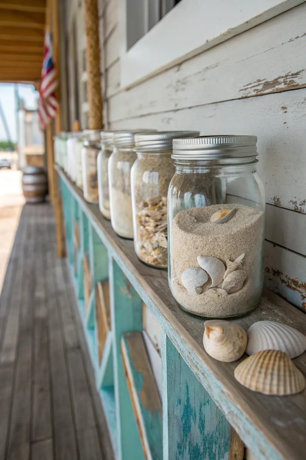 Seaside-inspired ornamentation employing preserving containers introduces a coastal vibe indoors.