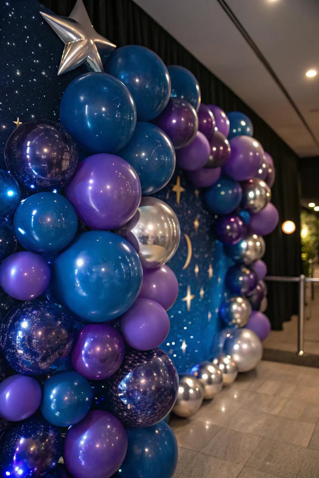 A cosmic galaxy-themed balloon display ideal for starry night occasions.