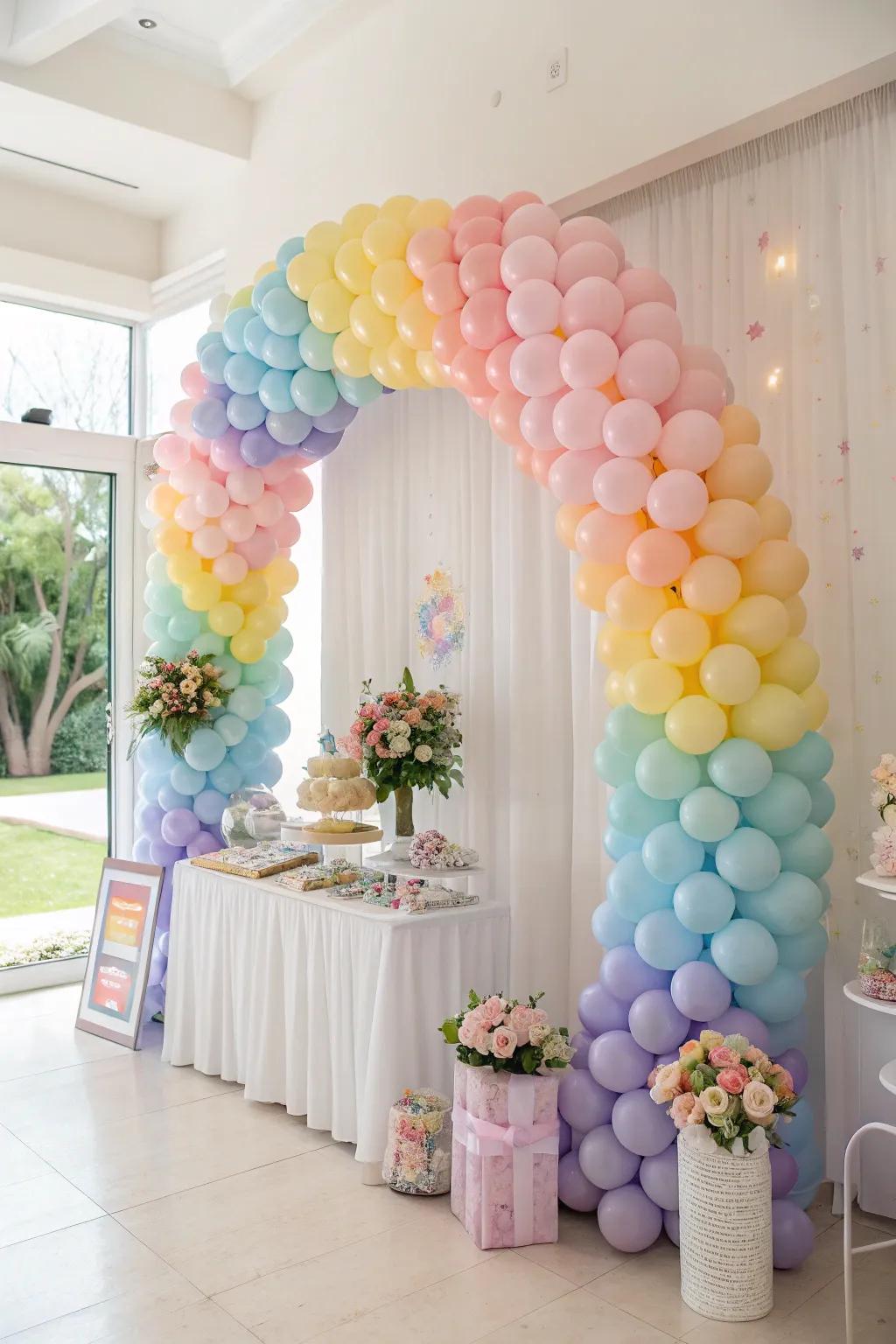 A pastel rainbow balloon arc adds a colorful splash to the event.