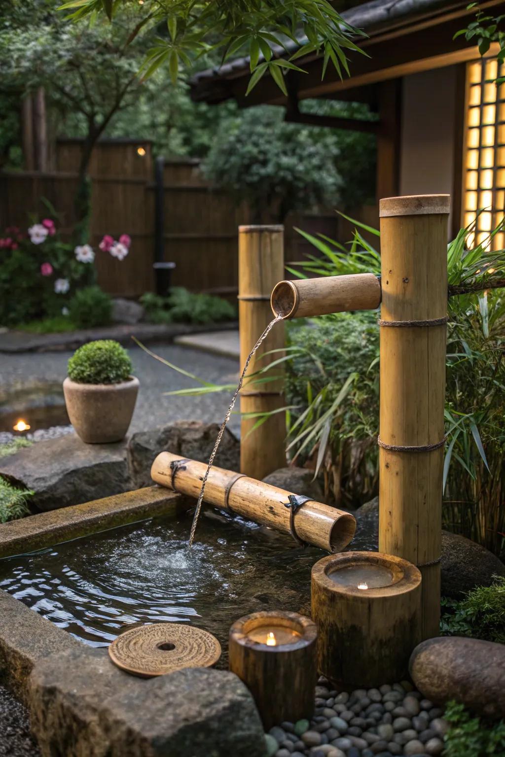 Bamboo enhancing the tranquility of a garden water feature.