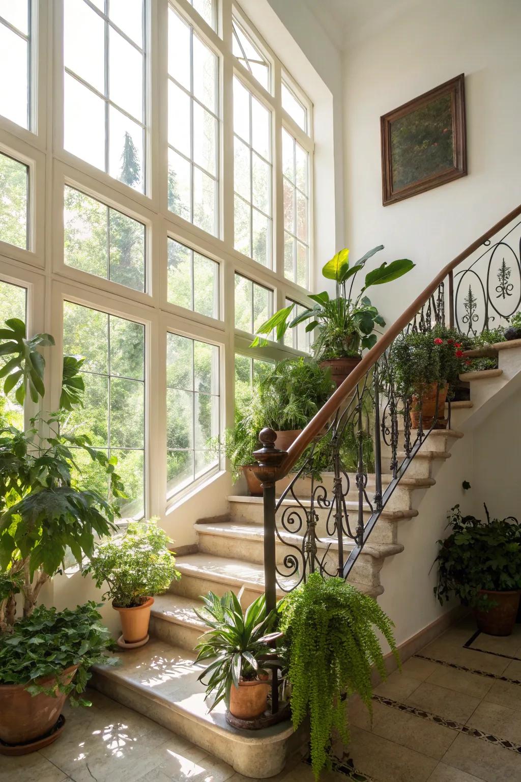 Lively and fresh with plants accentuating the stair rail.