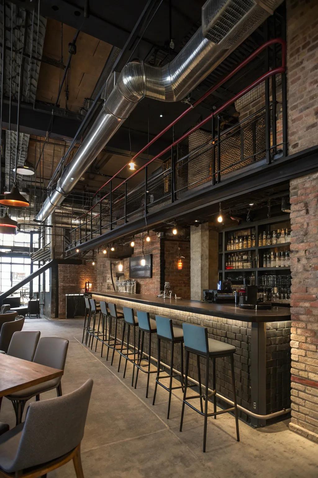 An industrial piping foot rail introduces a raw, edgy feel.