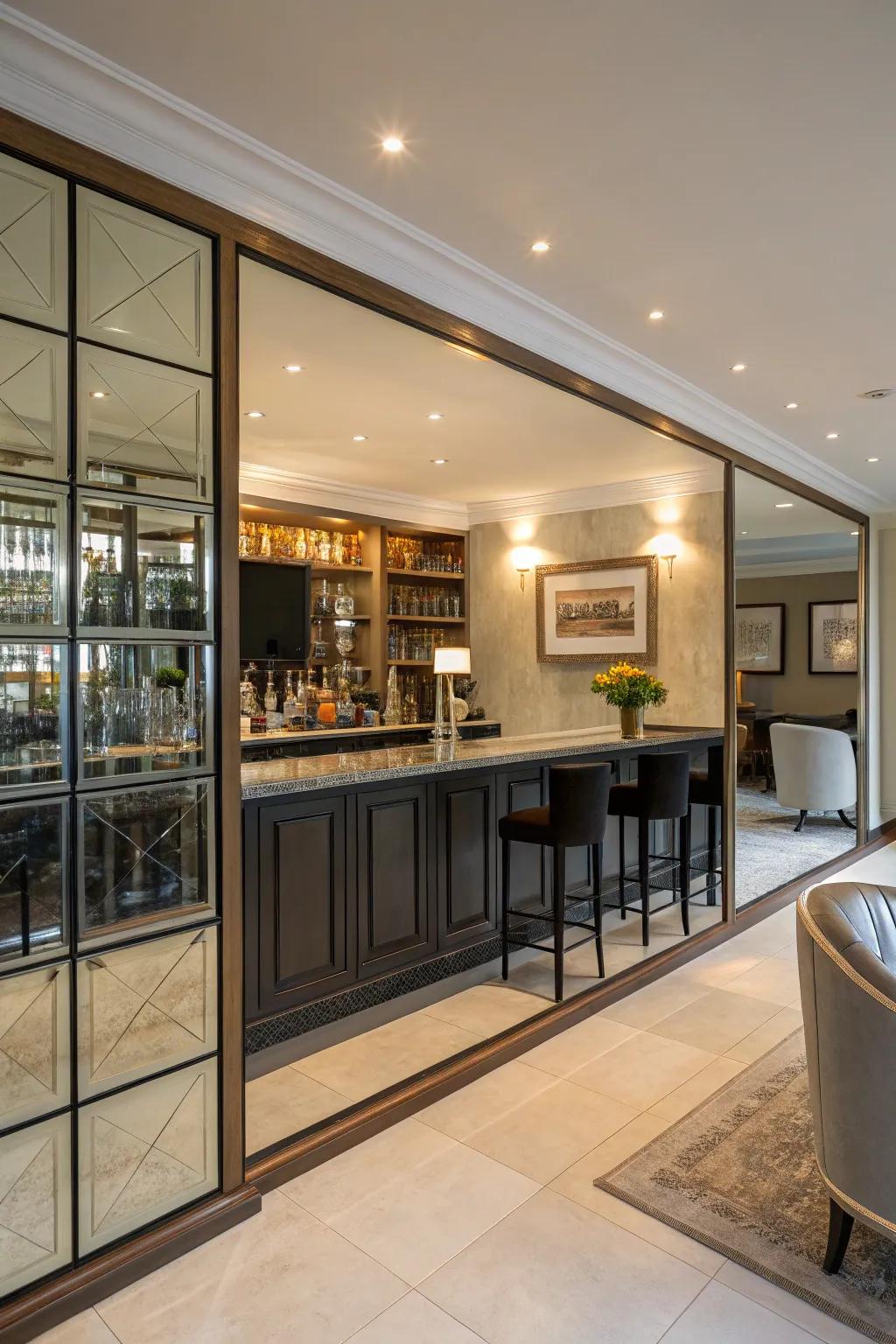 Mirrored panels give the impression of more space while also adding luxury.