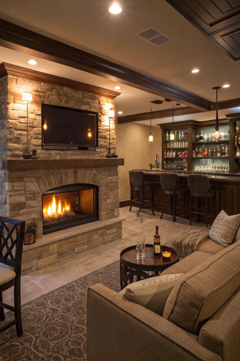 A hearth creates a warm and inviting bar atmosphere.
