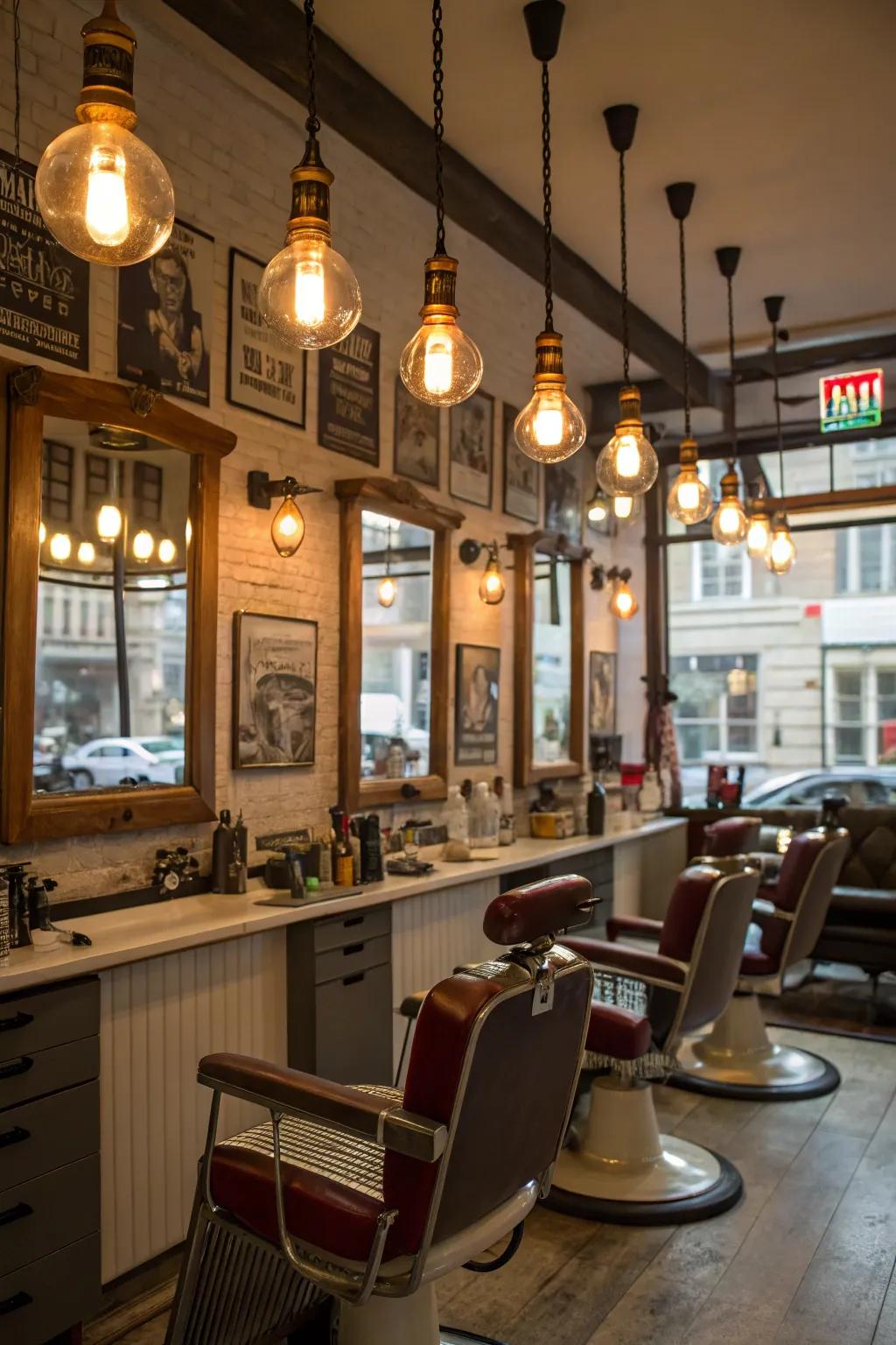 Aged bulbs casting a warm and inviting radiance in a barbershop.
