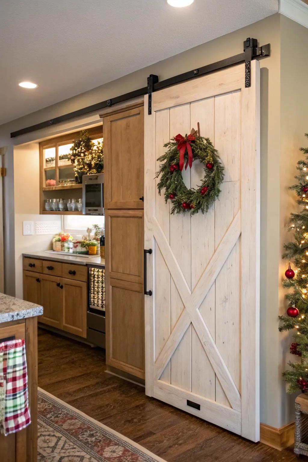 A culinary space showcasing a sliding barn aperture, delineating the pantry, and ornamented with a seasonal chaplet.