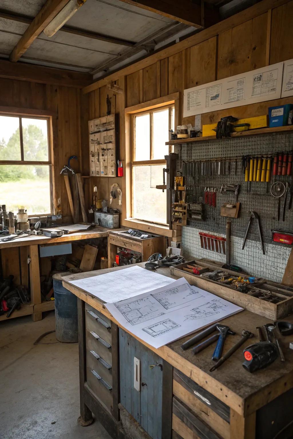 In this barn garage, a dedicated workshop area fosters creativity.