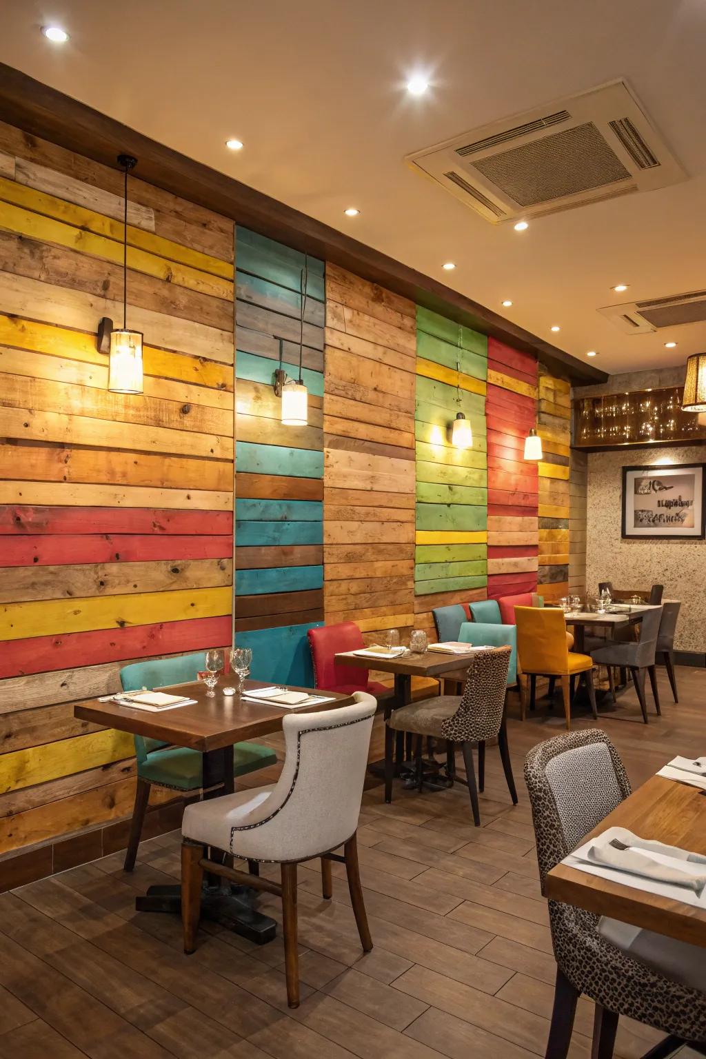 Append both color and persona via a multicolored pallet wood wall.