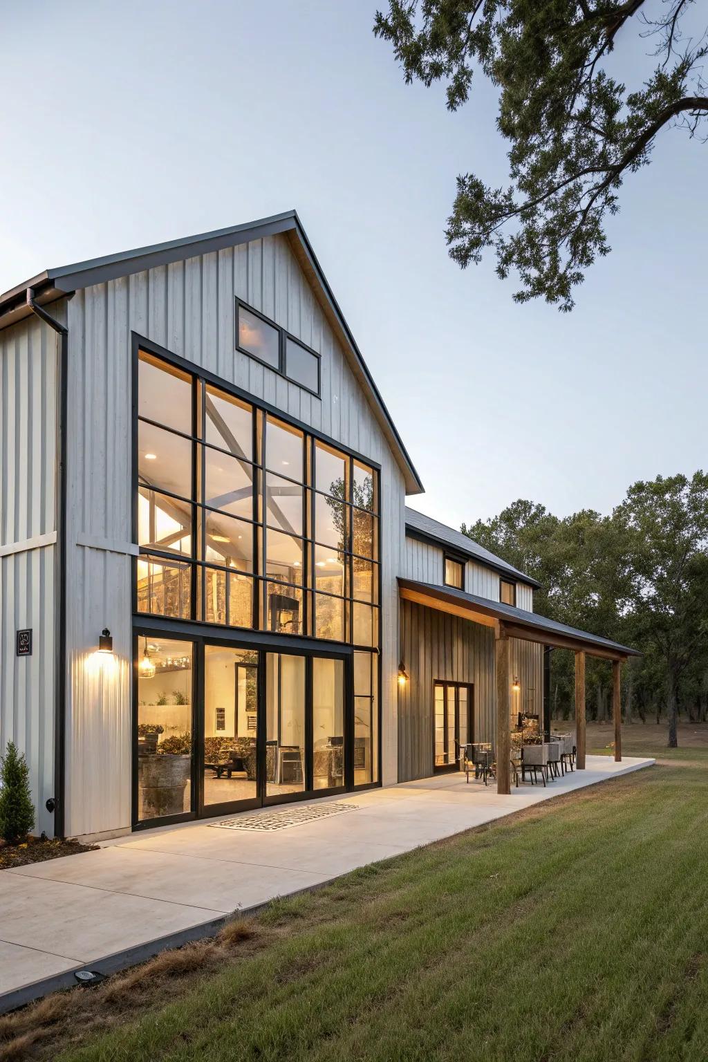 Sleek, modern accents bring a contemporary flair to this barndominium.