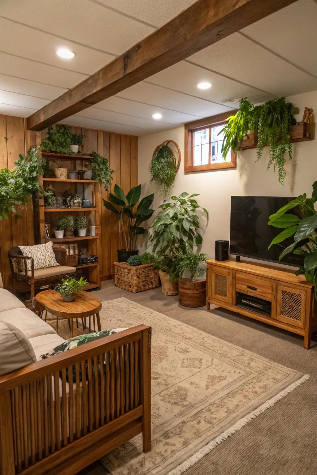 Natural components inject life and warmth into this welcoming basement space.