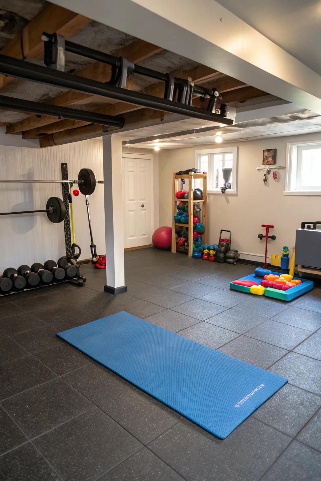 Springy flooring provides toughness and comfort for active areas.