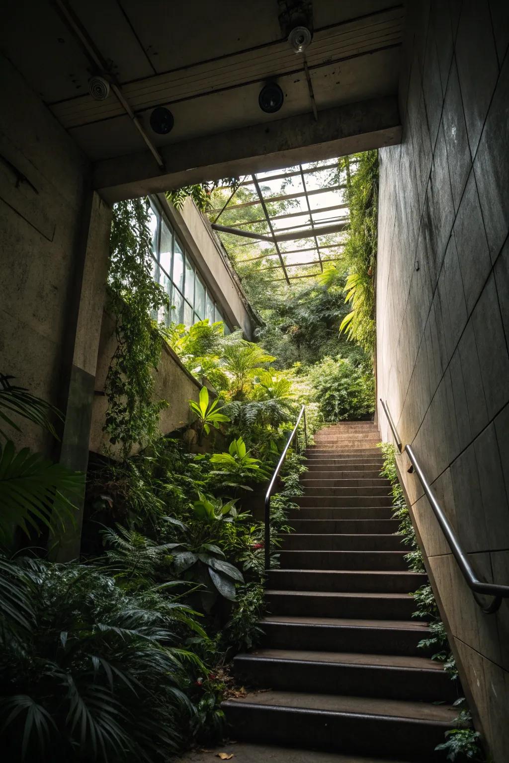 An indoor atrium transmutes the stairway into a revitalizing sanctuary.