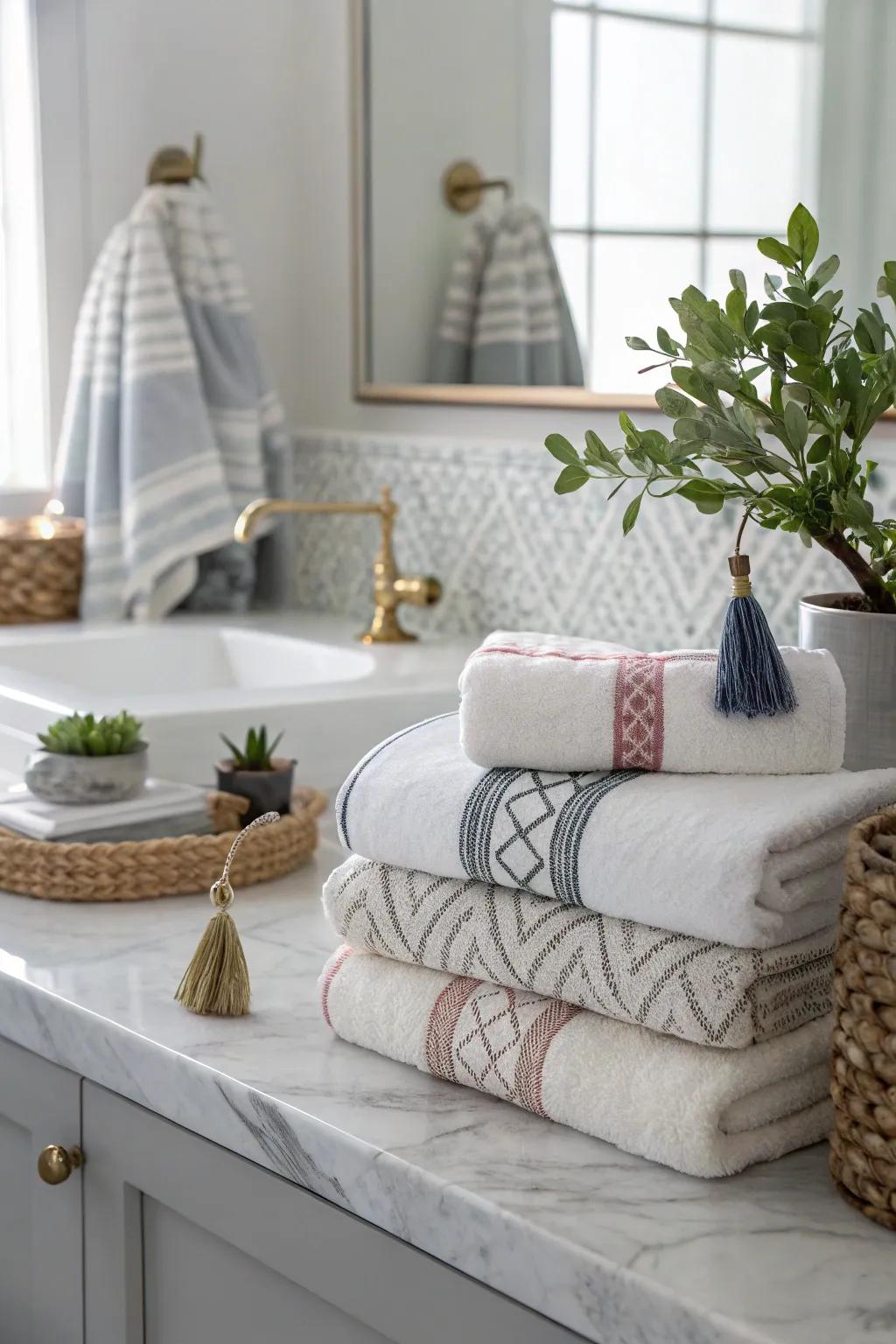 Arranged towels with accents forge an elegant presentation.