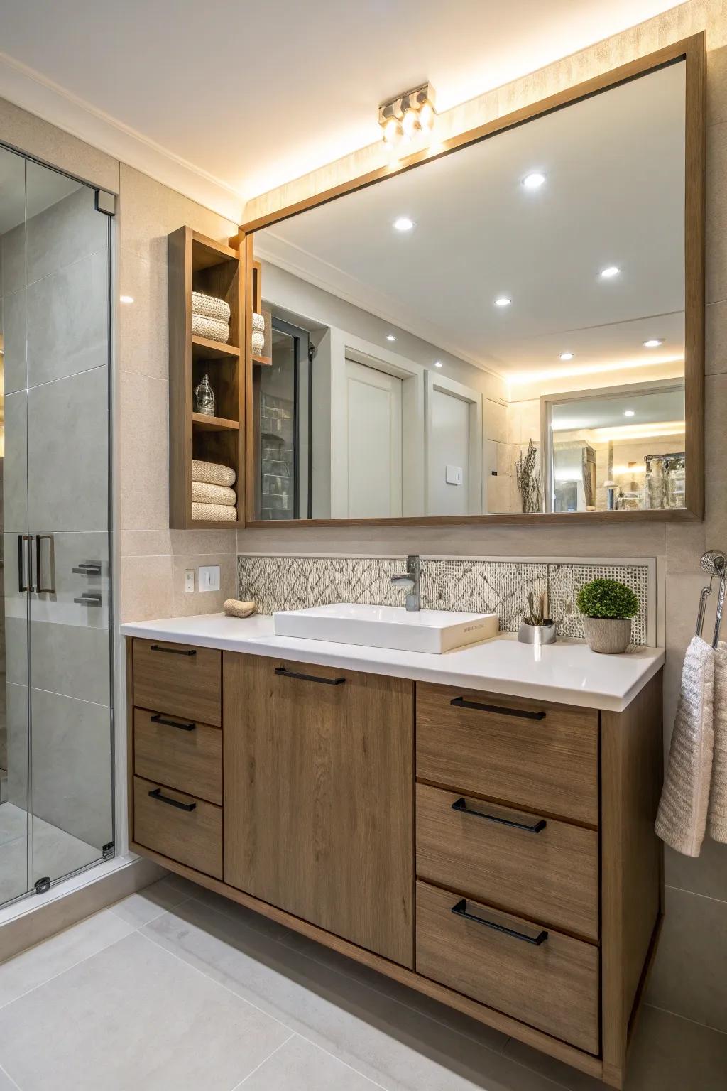 Mirrored cabinets offer stylish and useful storage options.