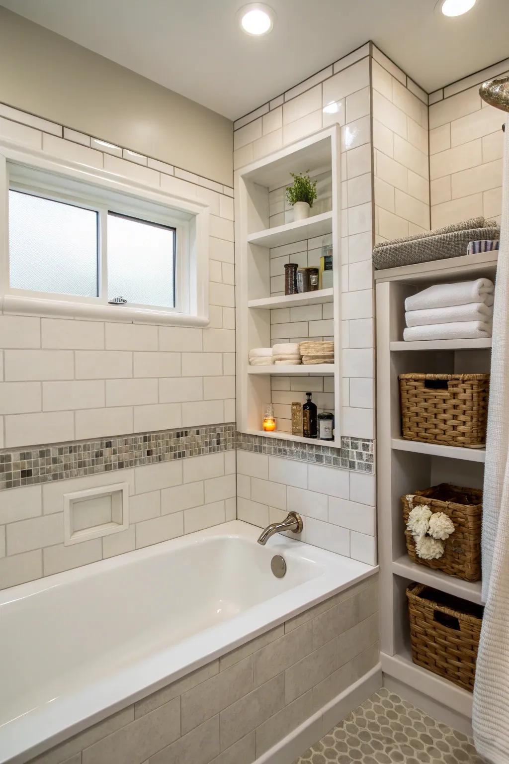 Integrate inset alcoves for practical and chic storage.