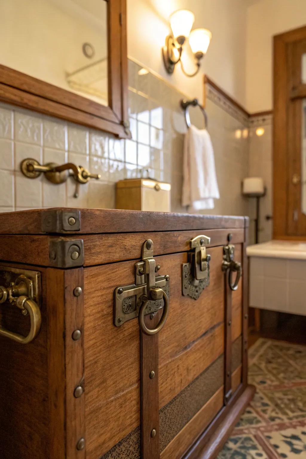 Antique brass latches contribute vintage charm to any vanity.