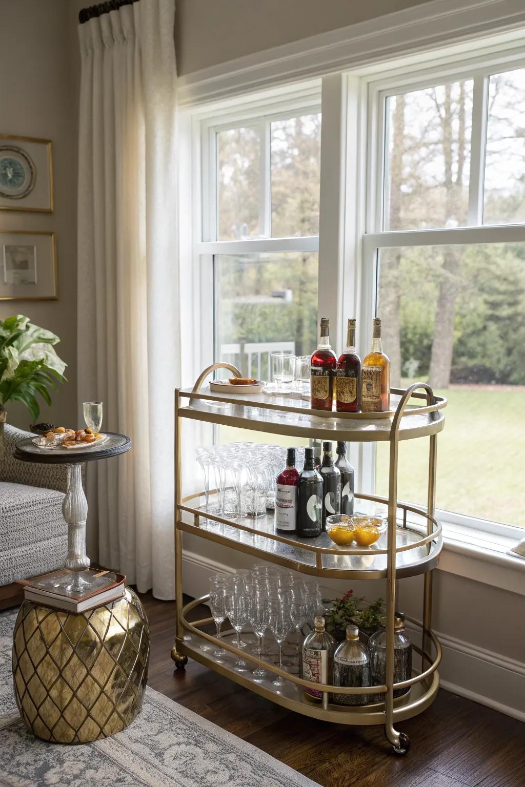 A bar cart adds a touch of elegance and functionality to your window space.