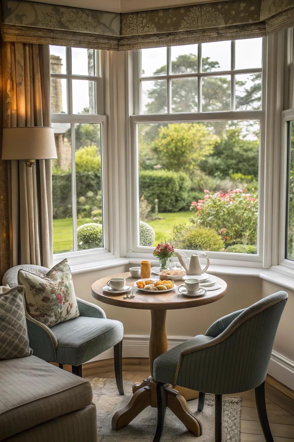 A cozy breakfast nook in the bay window creates a delightful start to the day.
