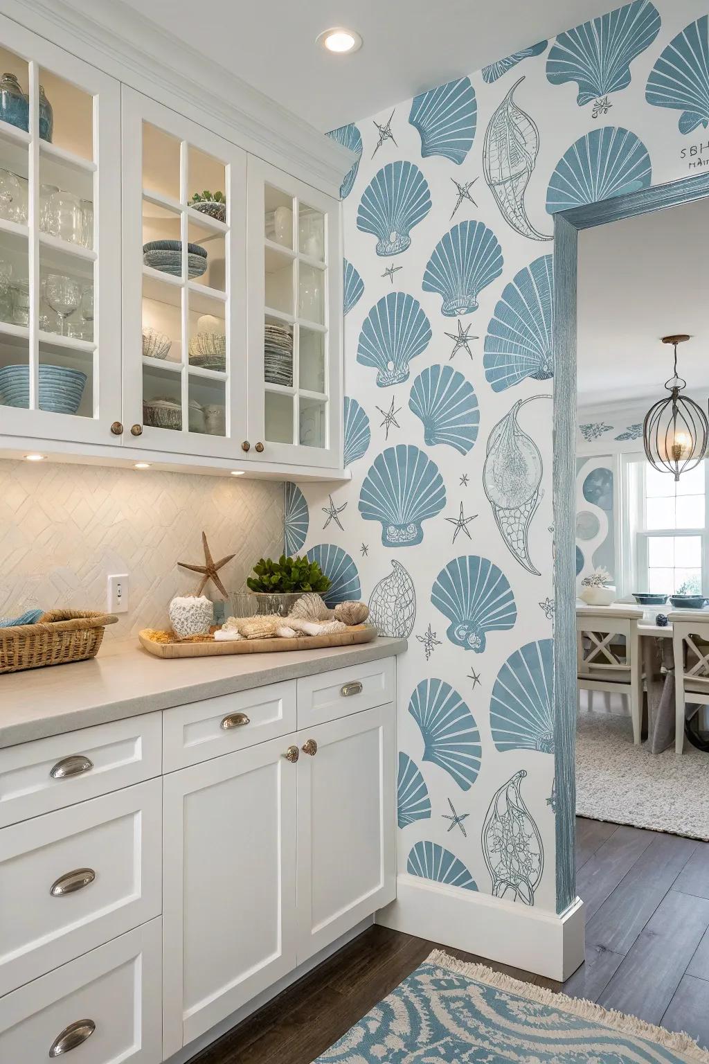 Incorporate coastal charm into your culinary space through seashell-themed wallpaper.