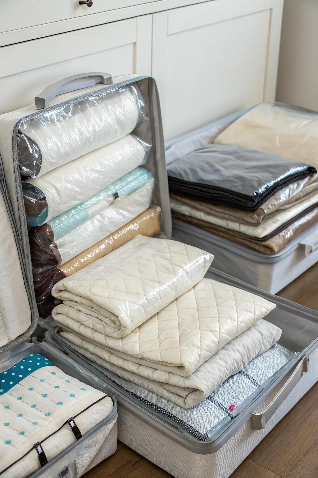 Vacuum-sealed bags conserve space and protect your sheets.
