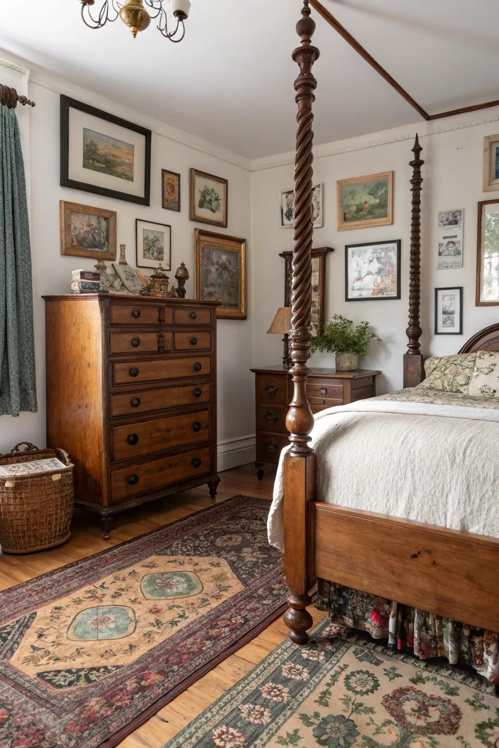 Vintage finds contribute character and uniqueness to this bedroom.