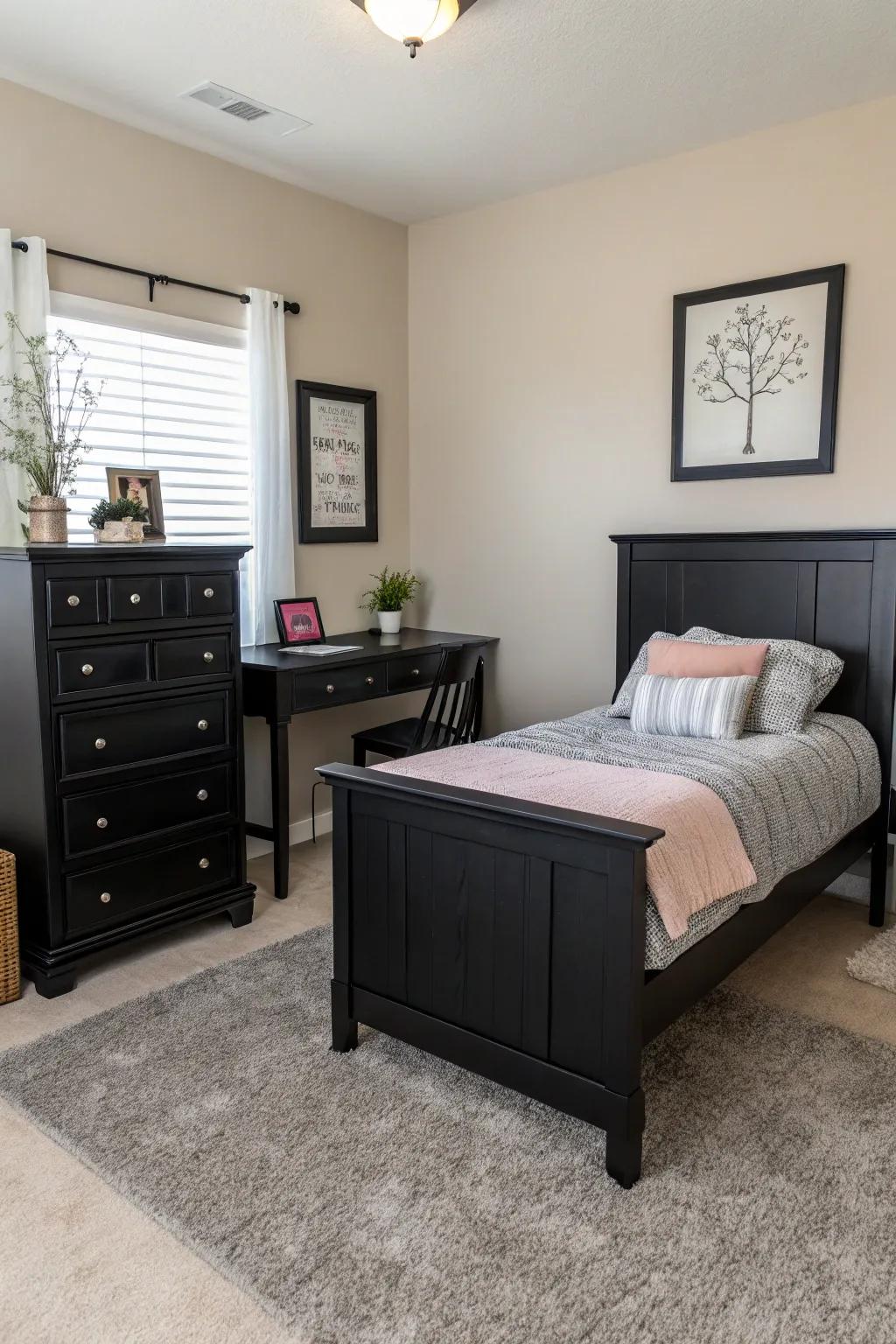 Simplistic design accentuates the elegance of ebony furniture within an uncluttered space.