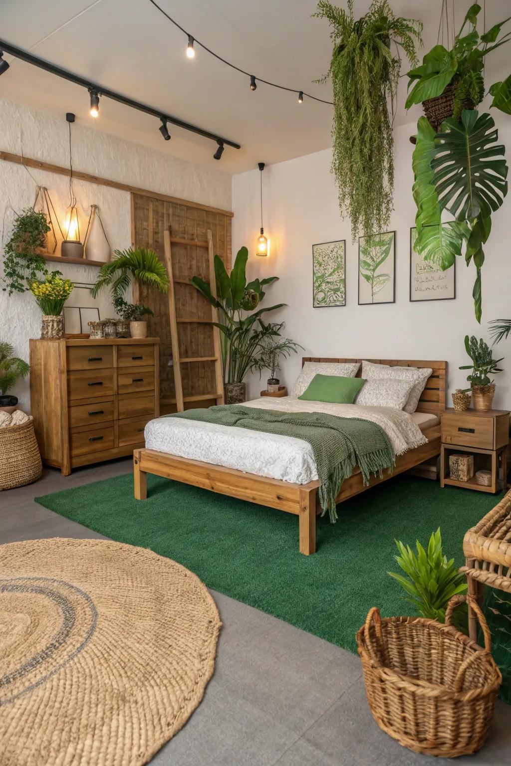 The green carpet sets the stage for sustainable decor, forging a natural haven.