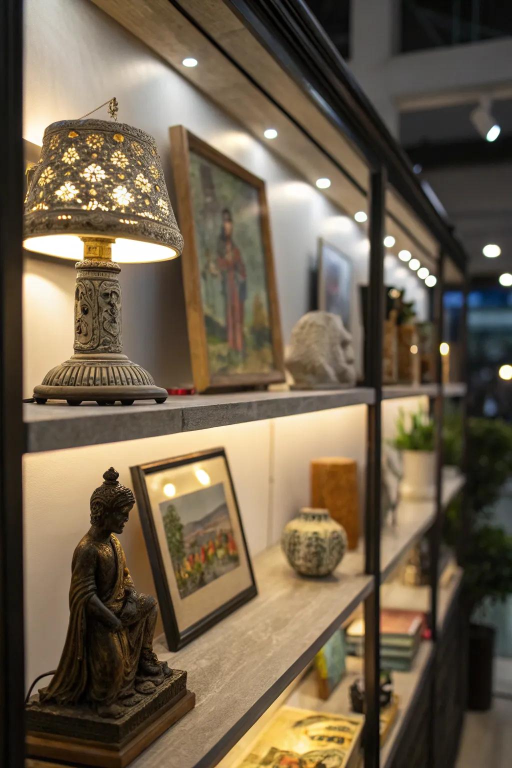 Below-shelf lights subtly enhance art collectibles