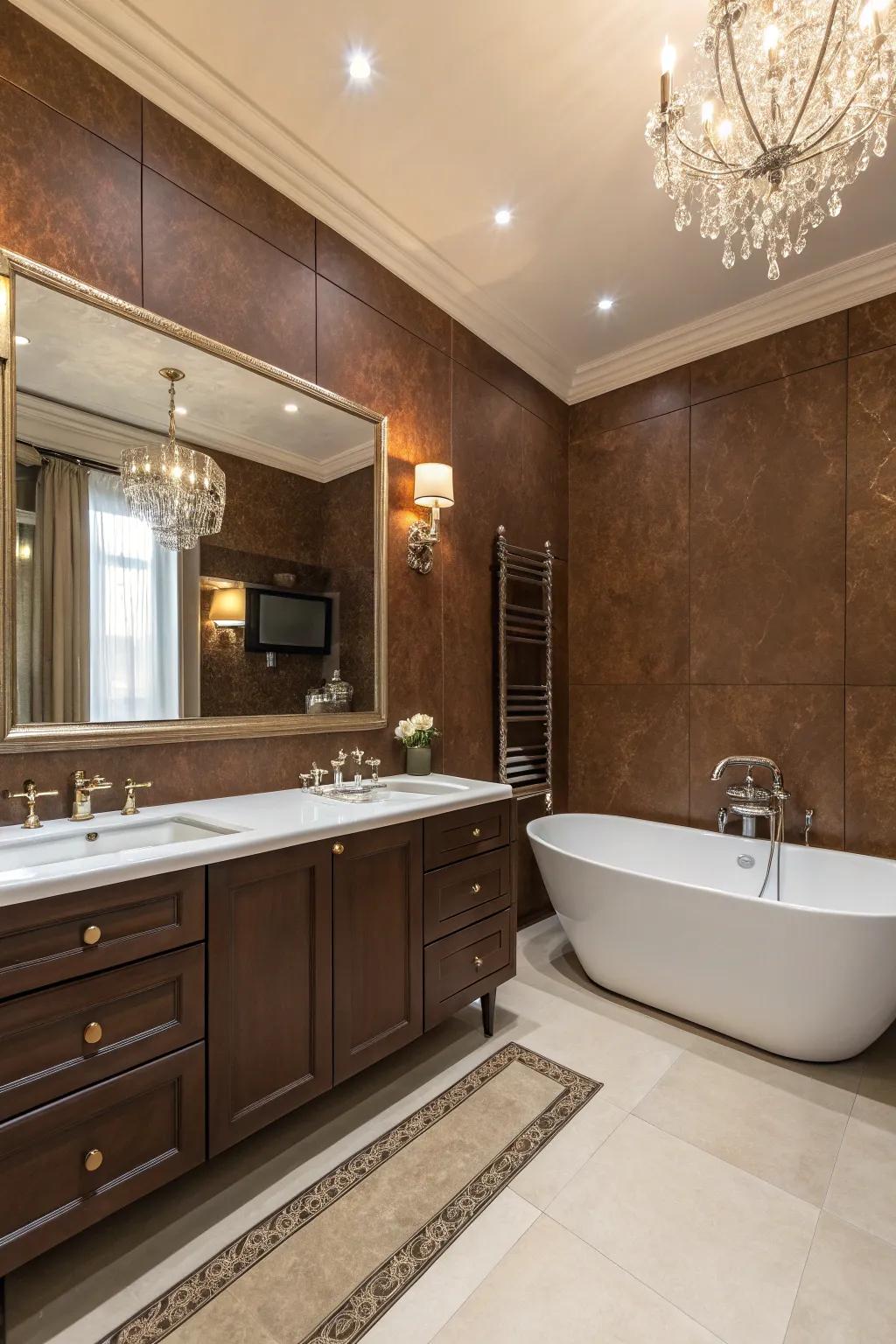 A luxurious spa-like bathing facility featuring saturated brown walls.