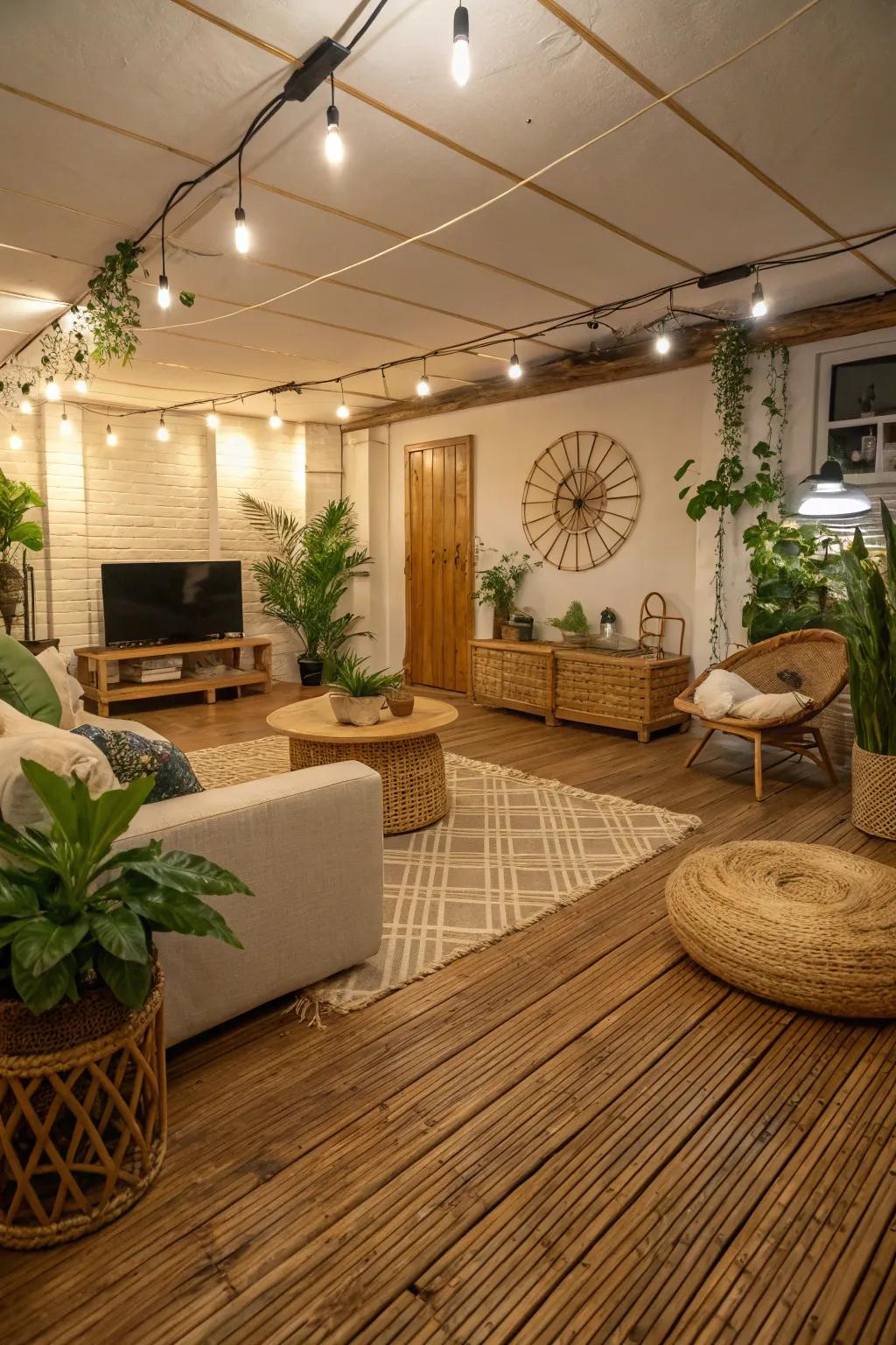 Cane flooring presents sustainable elegance for basement living.