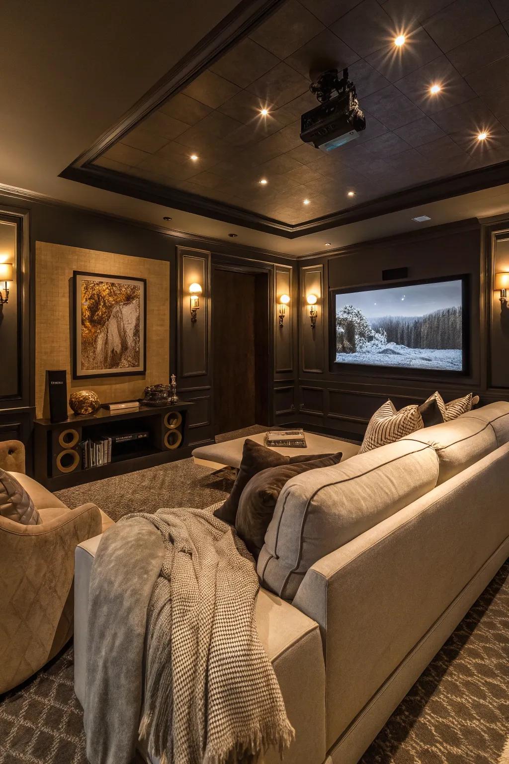 Intimate seating nooks amplify the welcoming atmosphere of this home cinema.