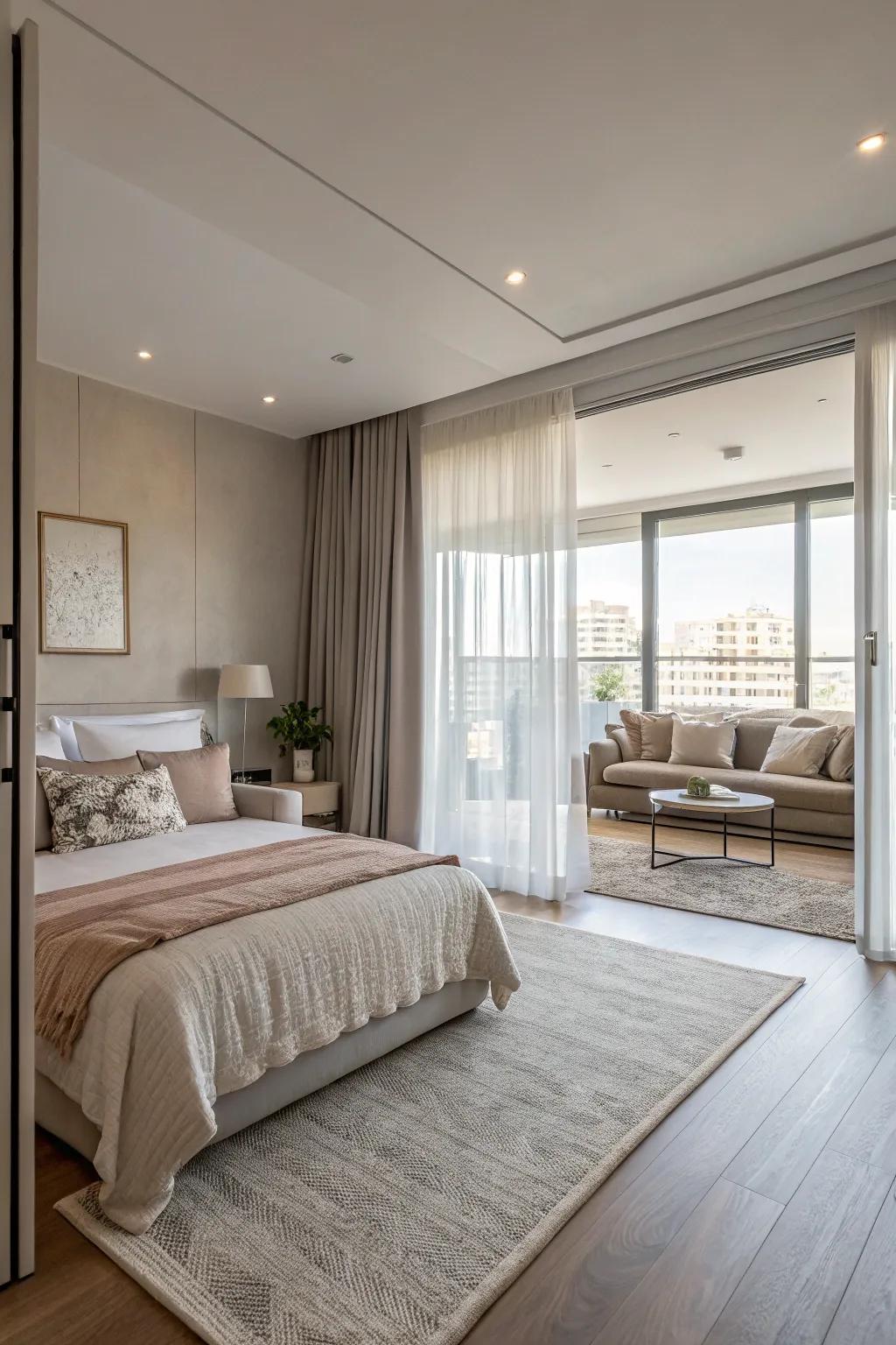 A sprawling bedroom featuring an integrated layout, smoothly linked to other zones.