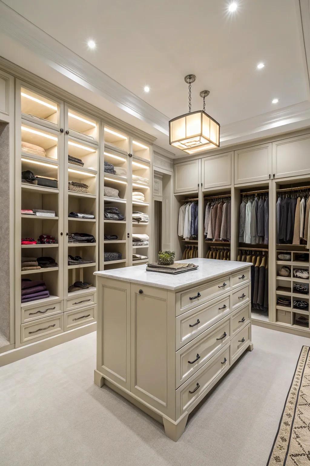A spacious closet with a central island for storage and display.