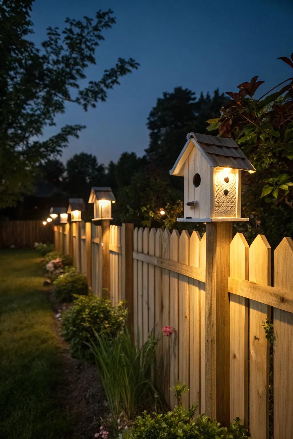 Avian home luminaries emit a warm luminescence over the fence post-sundown.