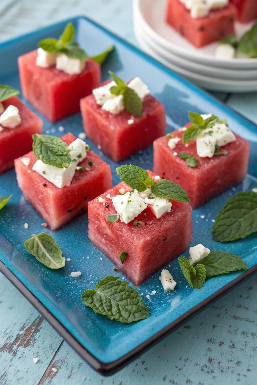Rejuvenating watermelon feta goblets, emblematic of the summer season.