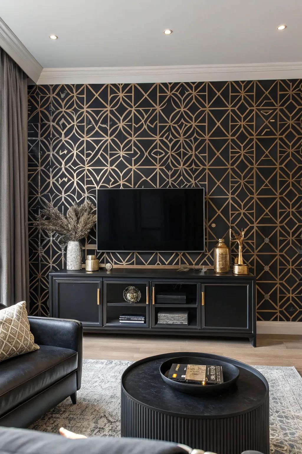 Patterned wallpaper appends intrigue to a dark-painted focus wall.