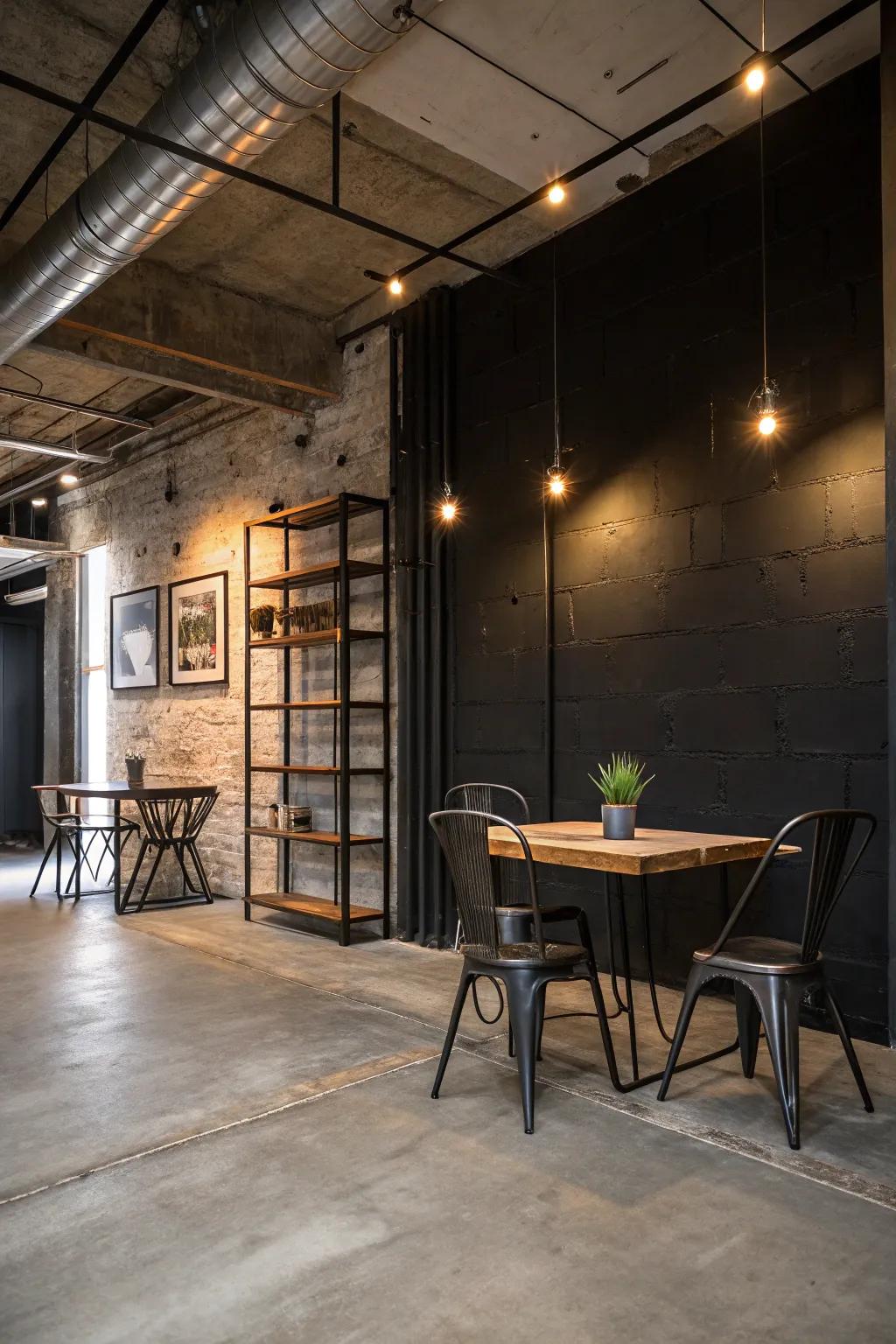 An industrial-themed space showcasing a black accent wall adjacent to concrete and metallic features.