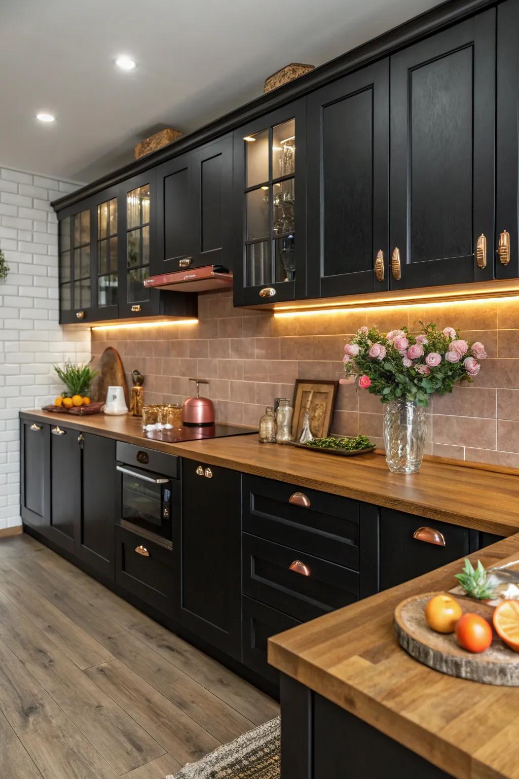 Wood and bronze bring a warm contrast to a black kitchen.