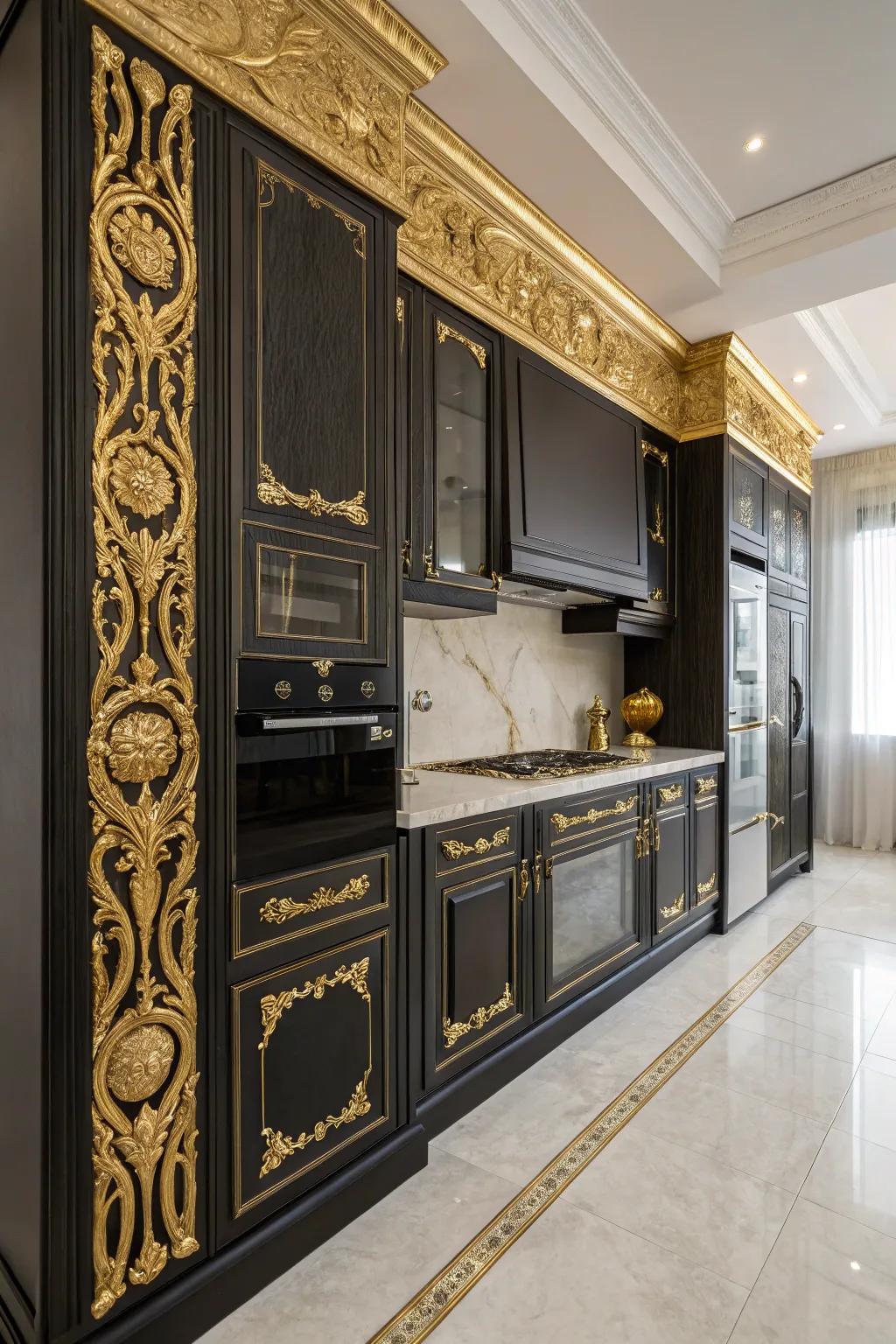 Gilded leaf accents deliver grandeur to this kitchen.