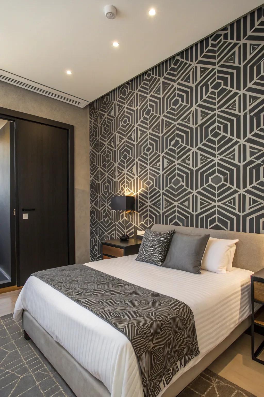 A bedroom featuring geometric patterned wallpaper in black and grey.