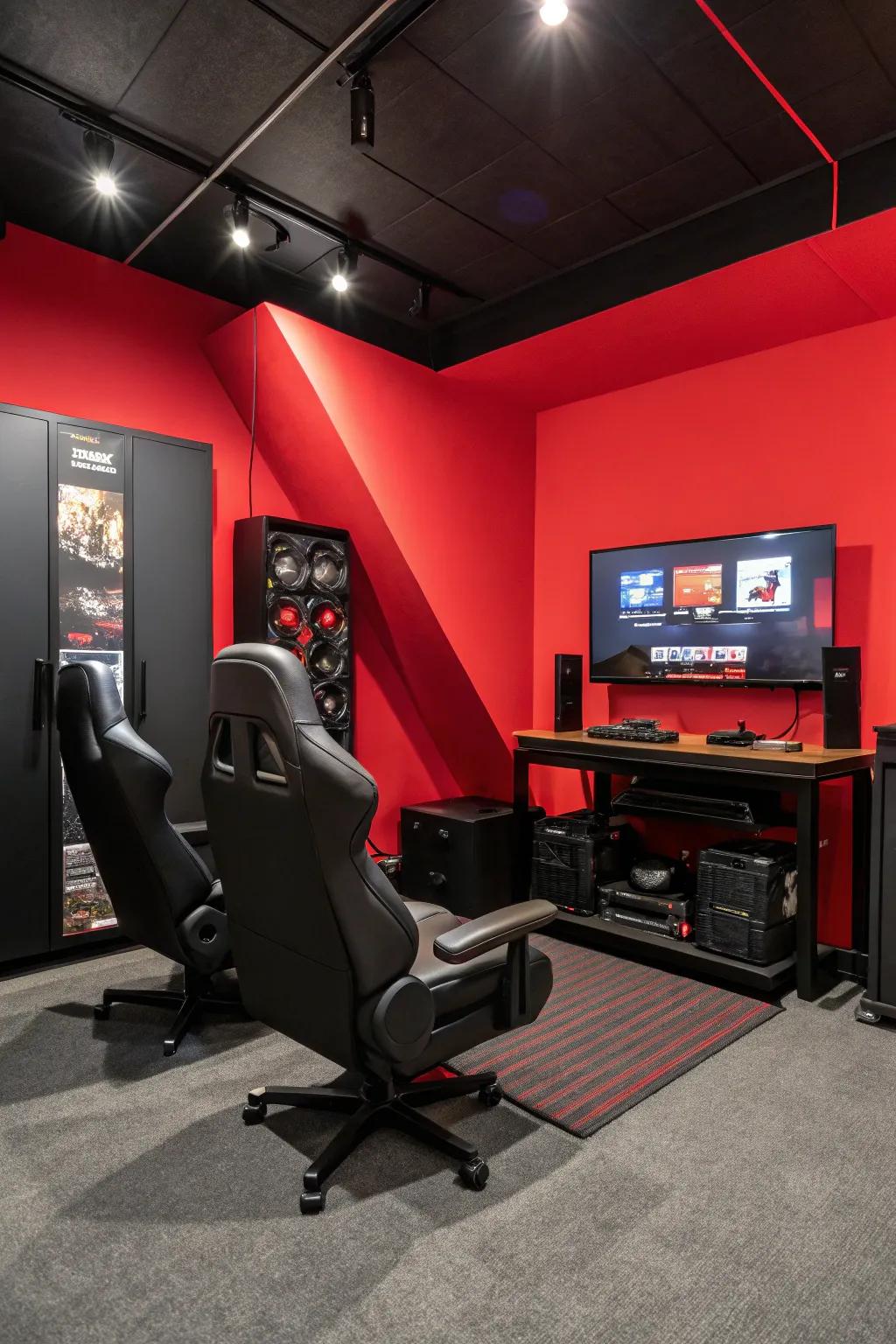 A stunning scarlet-toned wall adds richness to a charcoal gaming area.