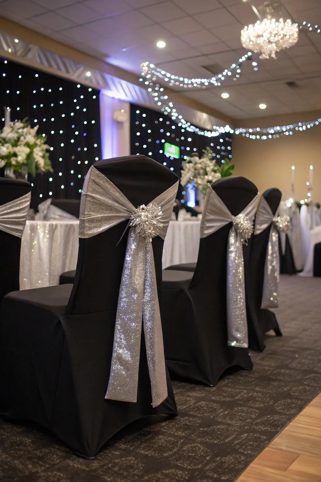 Chic chair covers with argent sashes for amplified sophistication.
