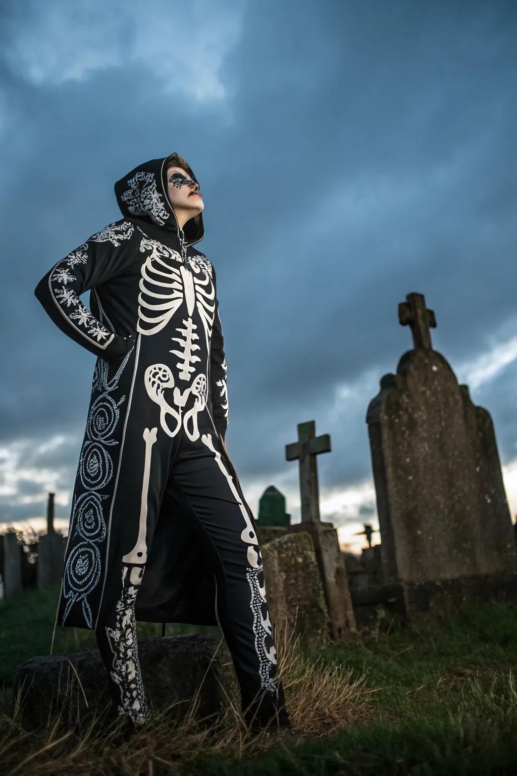 Blend sophistication and eeriness with a sophisticated skeleton outfit.