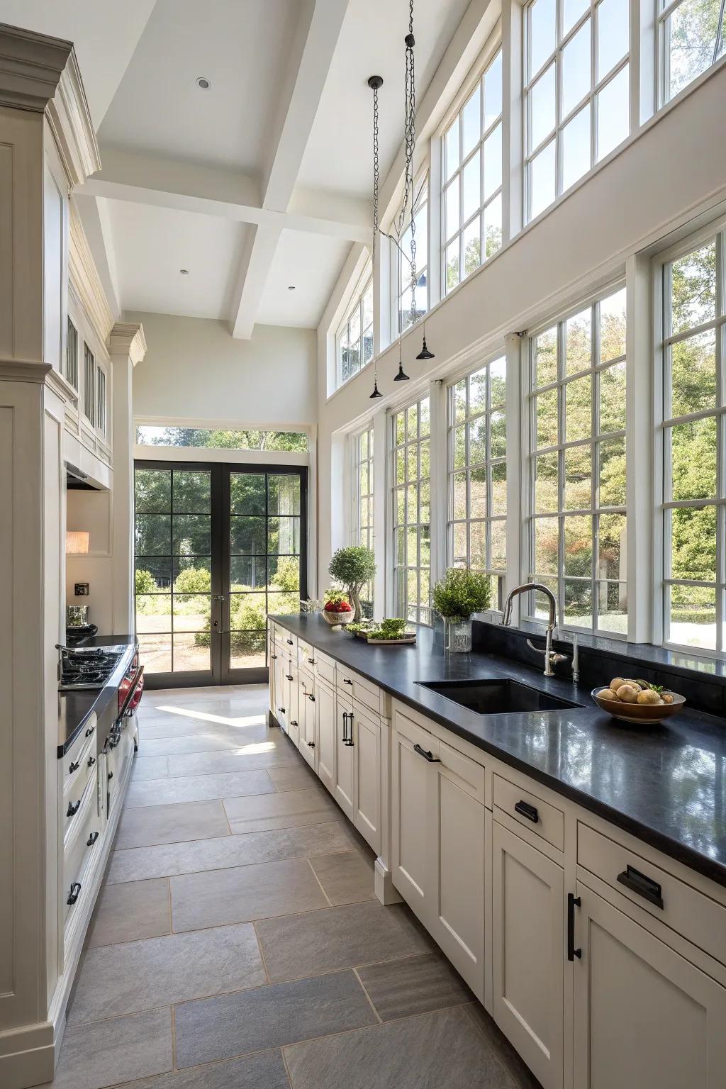 Expansive panes and astute blueprint retain ebony countertops airy.