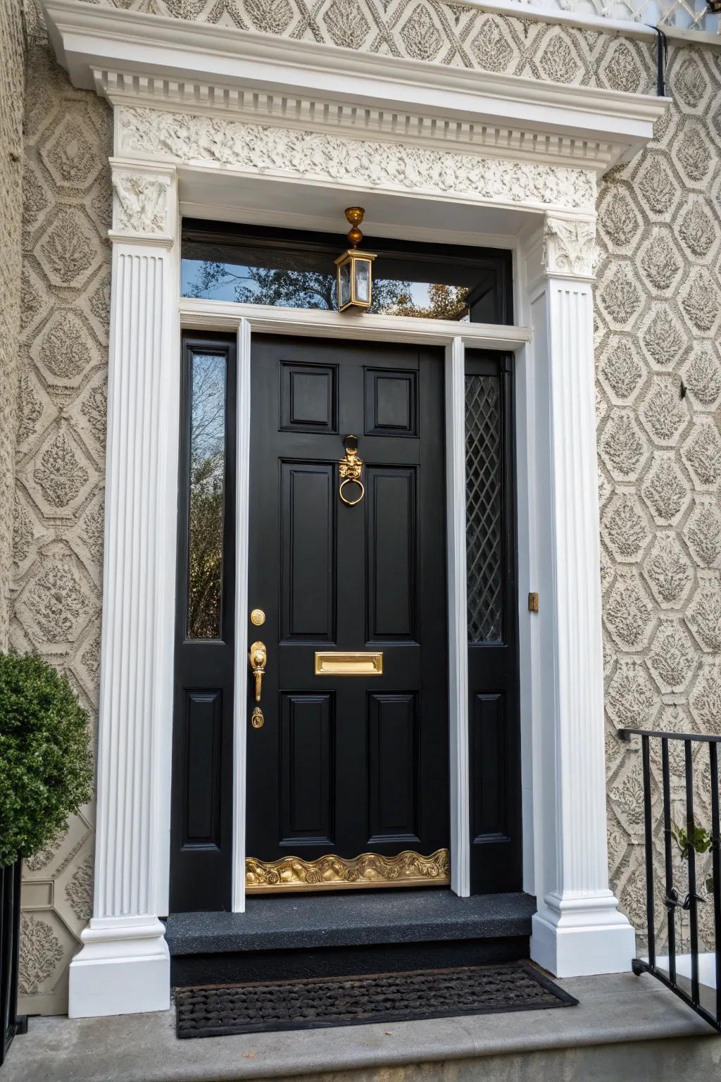 Sizable brass hardware introduces a hint of luxury to an onyx door with alabaster trim.