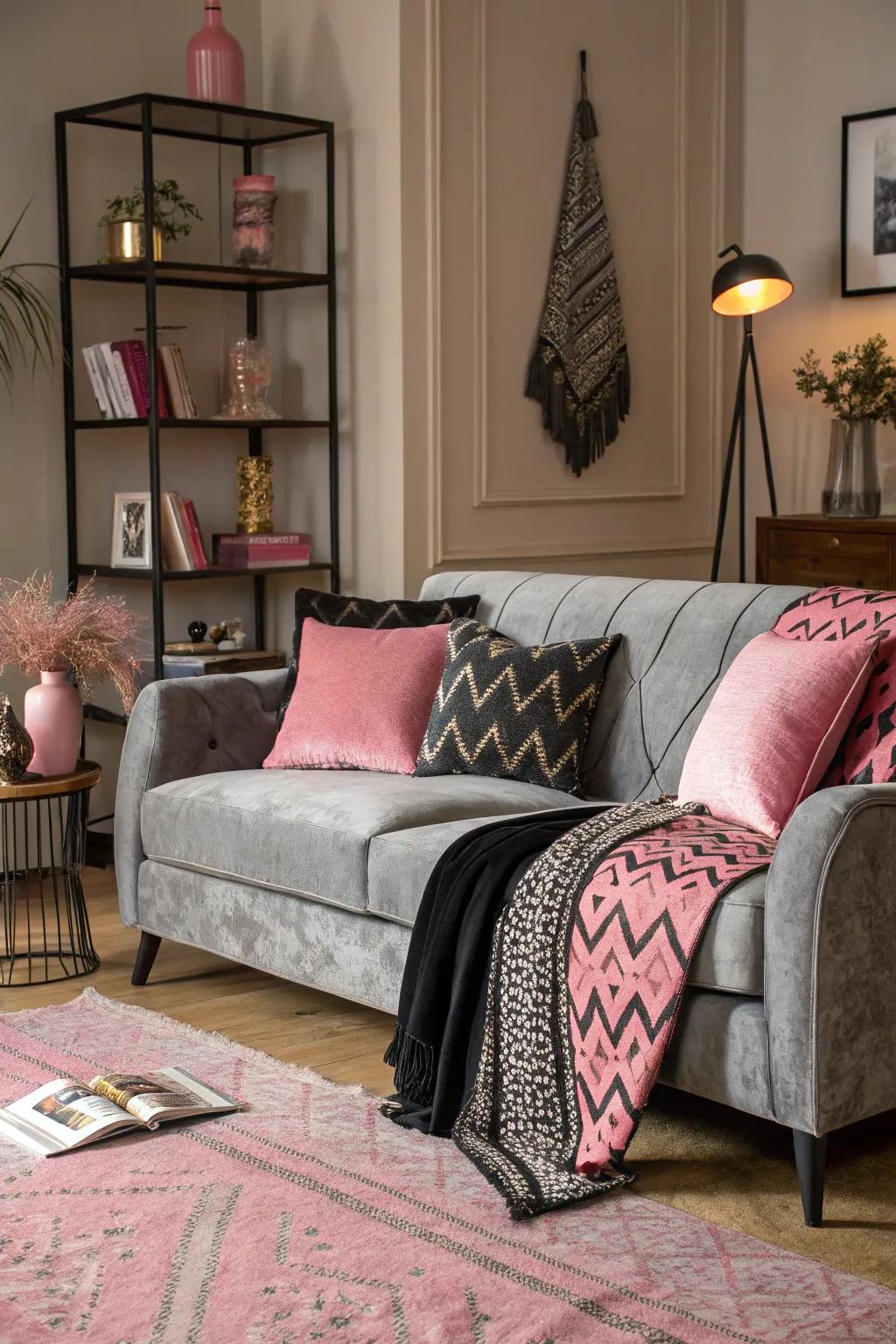 A pewter velvet divan adds luxury and chic style.