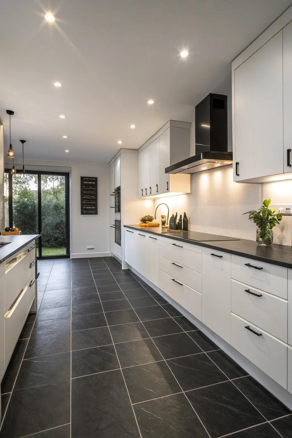 A kitchen elegantly featuring subtle dark ground tiles with an understated finish.