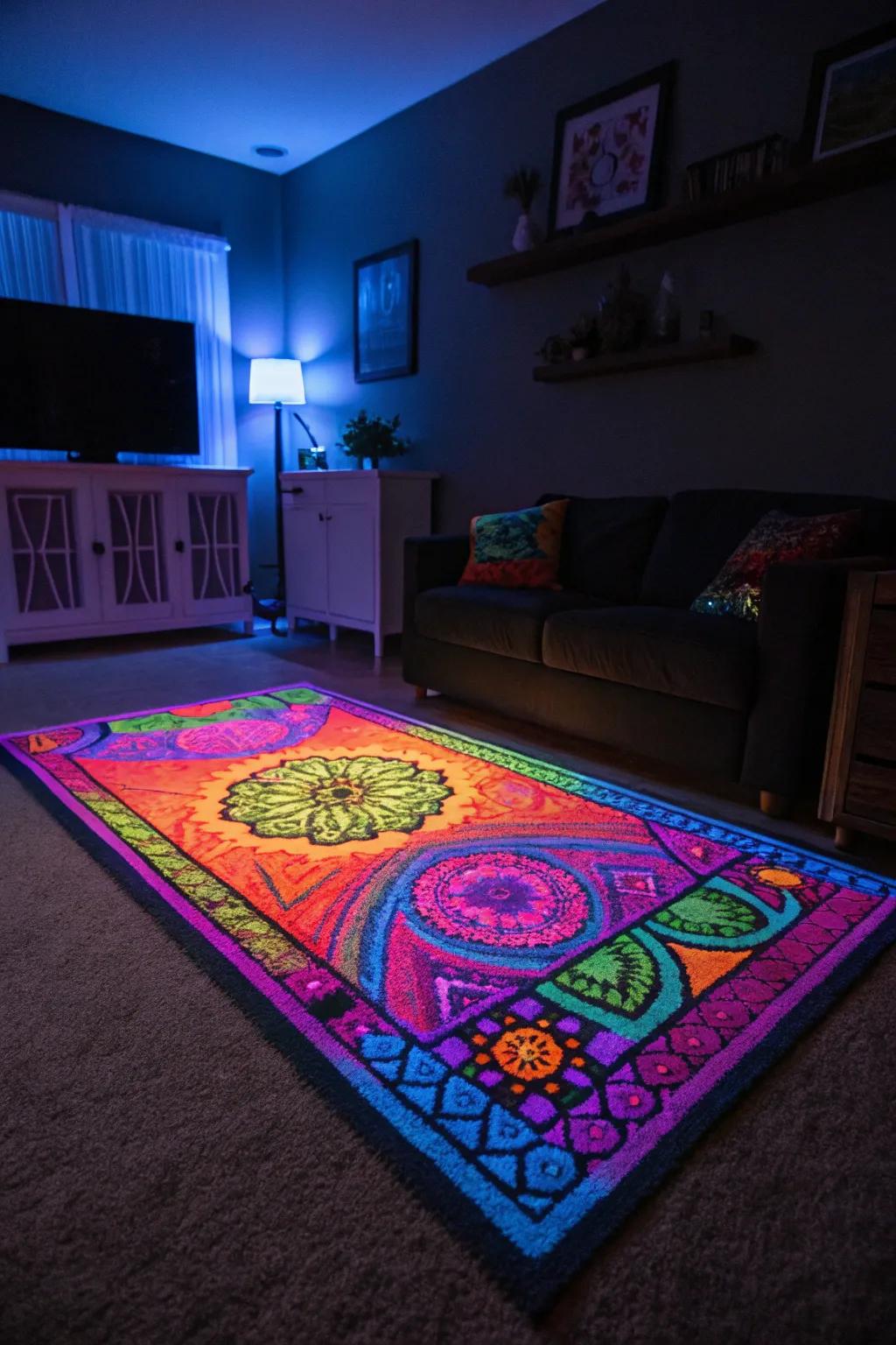 Ultraviolet-responsive rugs add texture and visual charm.