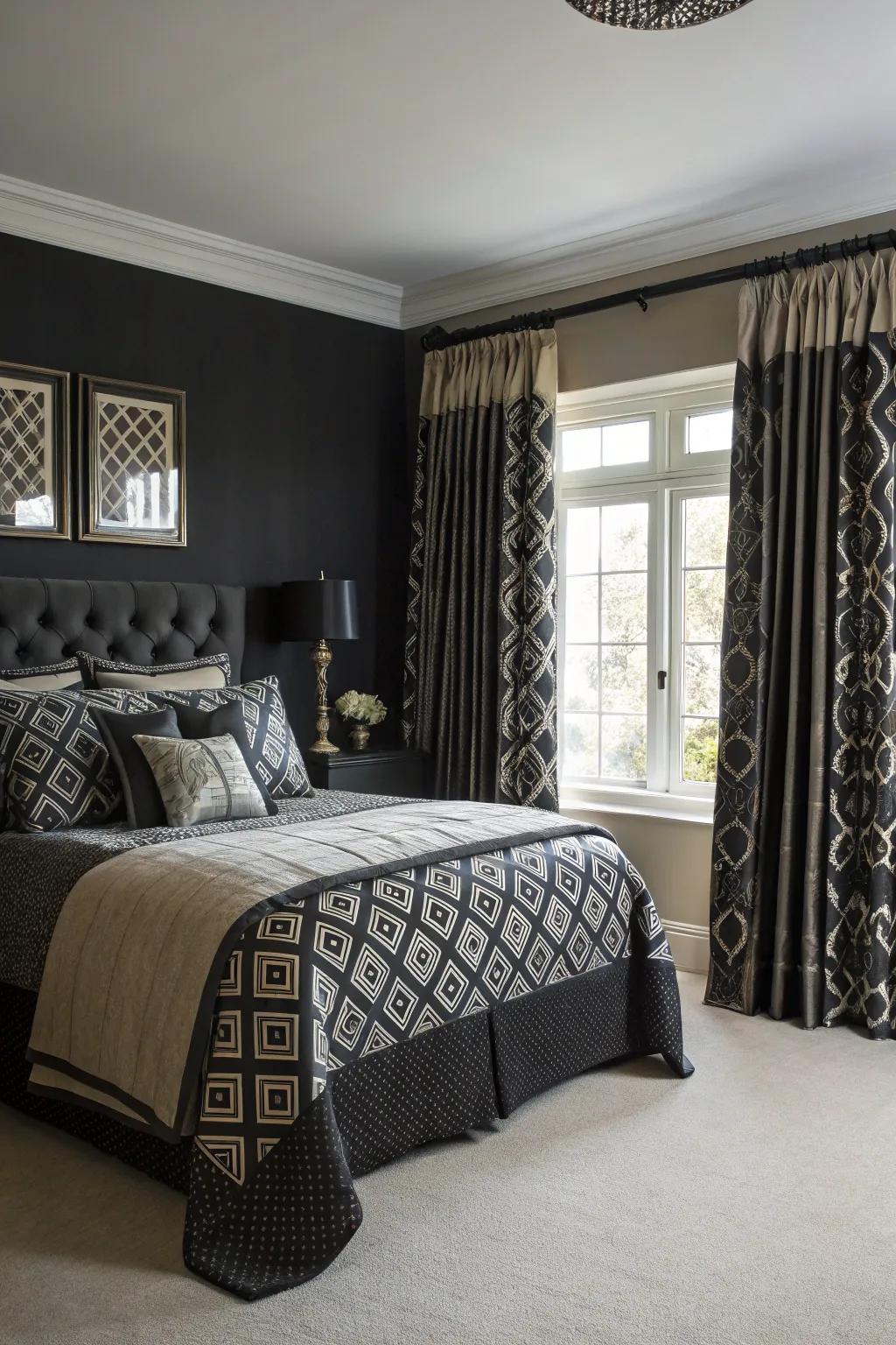 Mixing motifs can add depth to a monochromatic room.